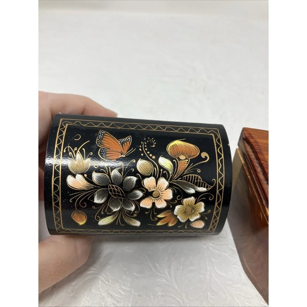 2 Wood Treasure Trinket Box Hinged Lid (Hand Painted Floral Black & Brown Cedar)